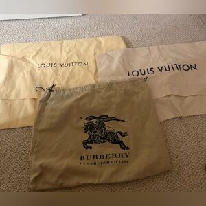 Authentic luxury dust bag bundle including Louis Vuitton and Burberry.